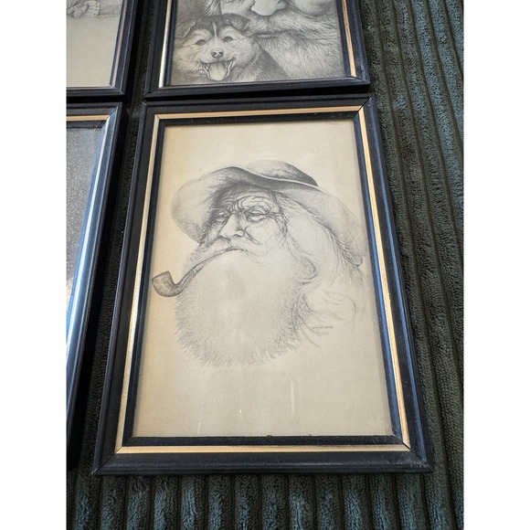 Doug Lindstrand Framed Art Prints Set of 4 Sketches Santa Bear Owl Husky Vintage - Picture 2 of 12